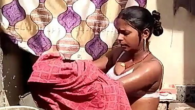 Pregnant Desi Indian Village girl Bathing outdoor