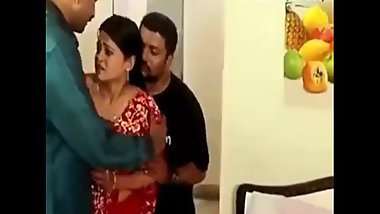 Desi indian wife enjoying with two bf in husband's bed