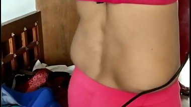 Desi girl in red leggings and bra only